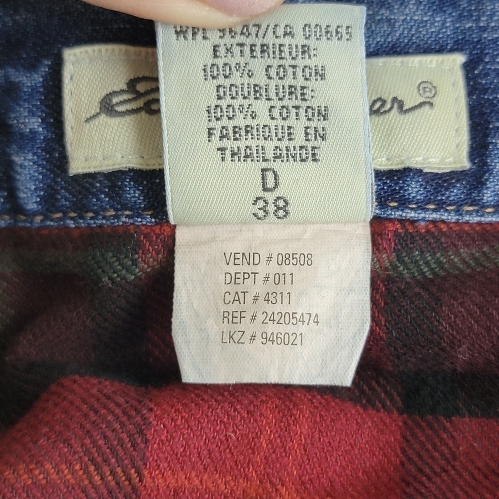Eddie Bauer Vintage Flannel Lined Jean Skirt Long Denim Button Down Plaid Y2K - Picture 12 of 14